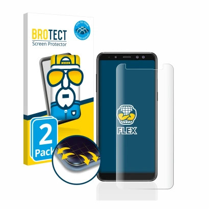 Vorderseite einer Produktverpackung mit dem Markenlogo BROTECT. Daneben ist das Gerät Samsung Galaxy A8 2018 mit dem zugehörig