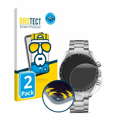 Vorderseite einer Produktverpackung mit dem Markenlogo BROTECT. Daneben ist das Gerät Omega Speedmaster Moonwatch Professional