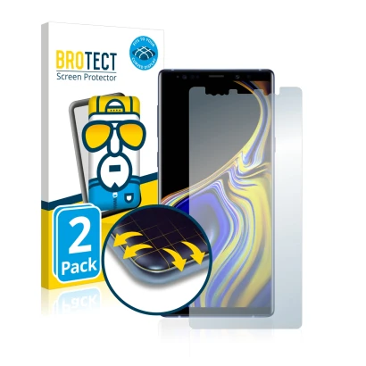 Vorderseite einer Produktverpackung mit dem Markenlogo BROTECT. Daneben ist das Gerät Samsung Galaxy Note 9 mit dem zugehörige