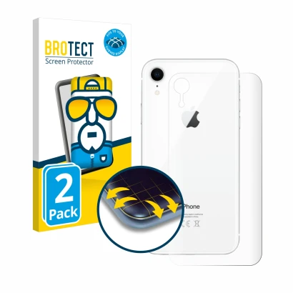 Vorderseite einer Produktverpackung mit dem Markenlogo BROTECT. Daneben ist das Gerät Apple iPhone XR (Rückseite) mit dem zuge