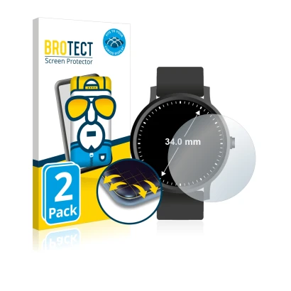 Vorderseite einer Produktverpackung mit dem Markenlogo BROTECT. Daneben ist das Gerät Kreisrunde Displays (ø: 34 mm) mit dem z