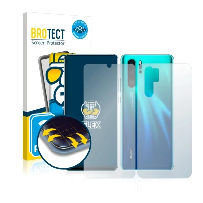 Vorderseite einer Produktverpackung mit dem Markenlogo BROTECT. Daneben ist das Gerät Huawei P30 Pro (Display+Rückseite) mit d