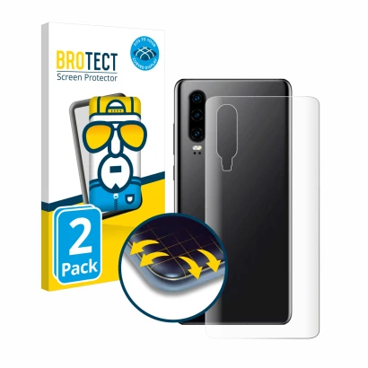 Vorderseite einer Produktverpackung mit dem Markenlogo BROTECT. Daneben ist das Gerät Huawei P30 (Rückseite) mit dem zugehörig