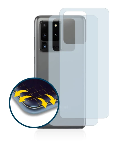 Abbildung des Geräts Samsung Galaxy S20 Ultra (Rückseite) mit einer Vielzahl des Displayschutzes.