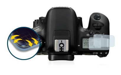 Abbildung des Geräts Canon EOS 77D (Schulterdisplay) mit einer Vielzahl des Displayschutzes.