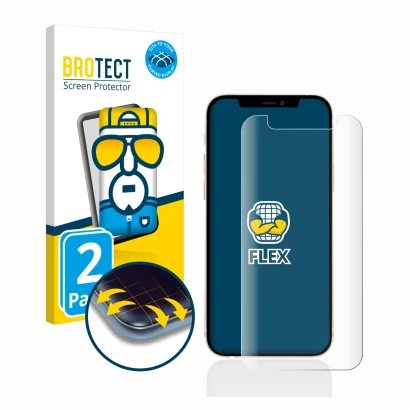 Vorderseite einer Produktverpackung mit dem Markenlogo BROTECT. Daneben ist das Gerät Apple iPhone 12 mini mit dem zugehörigen