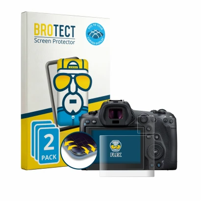 Vorderseite einer Produktverpackung mit dem Markenlogo BROTECT. Daneben ist das Gerät Canon EOS R5 mit dem zugehörigen Display