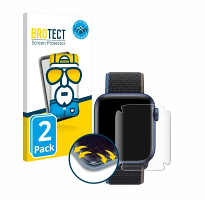 Vorderseite einer Produktverpackung mit dem Markenlogo BROTECT. Daneben ist das Gerät Apple Watch Series 6 (44 mm) mit dem zug