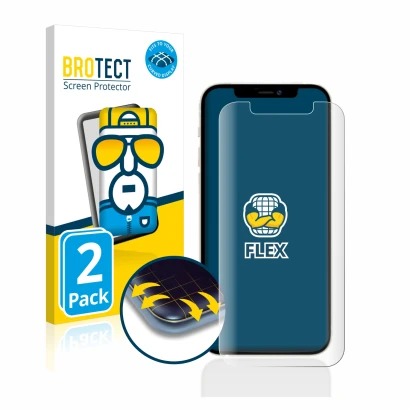 Vorderseite einer Produktverpackung mit dem Markenlogo BROTECT. Daneben ist das Gerät Apple iPhone 12 mit dem zugehörigen Disp