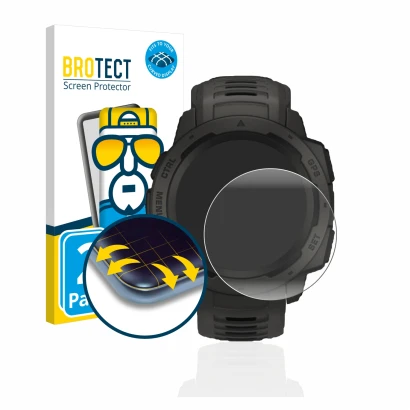Vorderseite einer Produktverpackung mit dem Markenlogo BROTECT. Daneben ist das Gerät Garmin Instinct Solar mit dem zugehörige