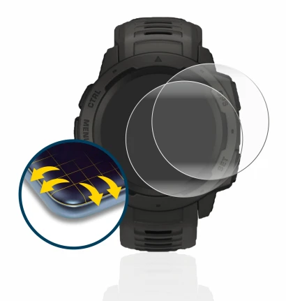 Abbildung des Geräts Garmin Instinct Solar mit einer Vielzahl des Displayschutzes.