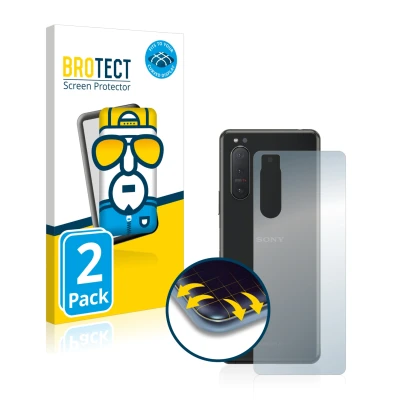 Vorderseite einer Produktverpackung mit dem Markenlogo BROTECT. Daneben ist das Gerät Sony Xperia 5 II (Rückseite) mit dem zug