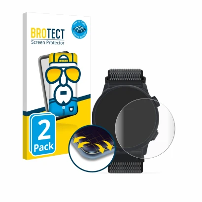 Vorderseite einer Produktverpackung mit dem Markenlogo BROTECT. Daneben ist das Gerät Coros Pace 2 mit dem zugehörigen Display