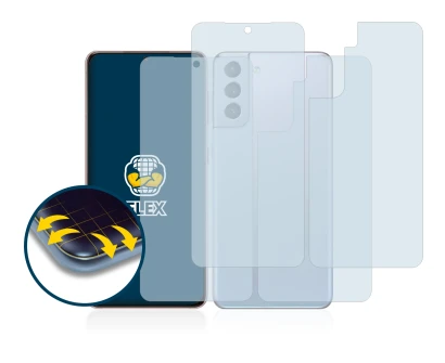 Abbildung des Geräts Samsung Galaxy S21 5G (Display+Rückseite) mit einer Vielzahl des Displayschutzes.