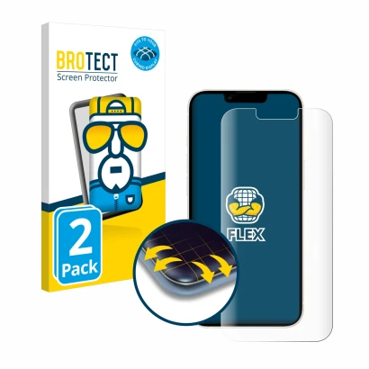 Vorderseite einer Produktverpackung mit dem Markenlogo BROTECT. Daneben ist das Gerät Apple iPhone 13 mit dem zugehörigen Disp