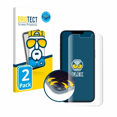 Vorderseite einer Produktverpackung mit dem Markenlogo BROTECT. Daneben ist das Gerät Apple iPhone 13 Pro Max mit dem zugehöri