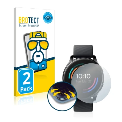 Vorderseite einer Produktverpackung mit dem Markenlogo BROTECT. Daneben ist das Gerät OnePlus Watch mit dem zugehörigen Displa