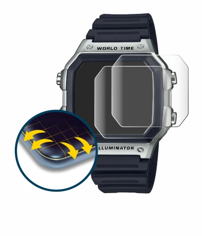 Abbildung des Geräts Casio AE-1200WH mit einer Vielzahl des Displayschutzes.