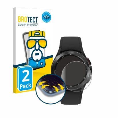 Vorderseite einer Produktverpackung mit dem Markenlogo BROTECT. Daneben ist das Gerät Samsung Galaxy Watch 4 Classic (42mm) mi