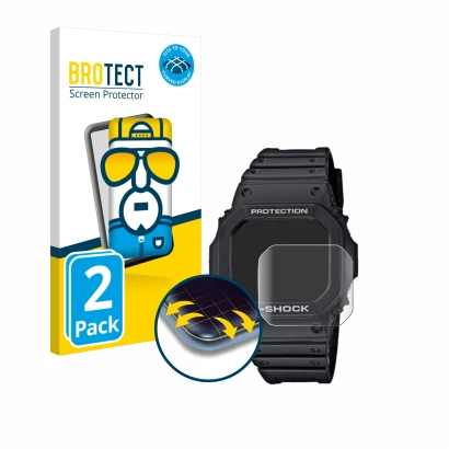 Vorderseite einer Produktverpackung mit dem Markenlogo BROTECT. Daneben ist das Gerät Casio G-Shock GW-M5610-1ER mit dem zugeh