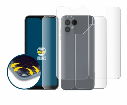 Abbildung des Geräts Fairphone 4 (Display+Rückseite) mit einer Vielzahl des Displayschutzes.