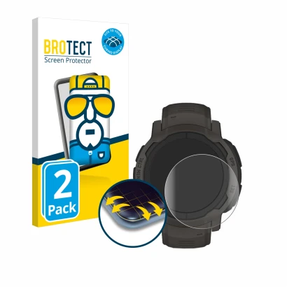 Vorderseite einer Produktverpackung mit dem Markenlogo BROTECT. Daneben ist das Gerät Garmin Instinct 2 mit dem zugehörigen Di