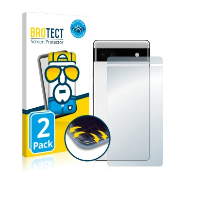 Vorderseite einer Produktverpackung mit dem Markenlogo BROTECT. Daneben ist das Gerät Google Pixel 6a (Rückseite) mit dem zuge