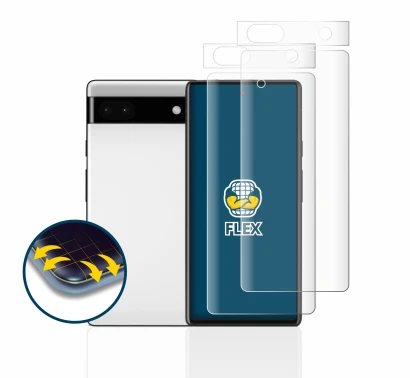 Abbildung des Geräts Google Pixel 6a (Display+Kamera) mit einer Vielzahl des Displayschutzes.