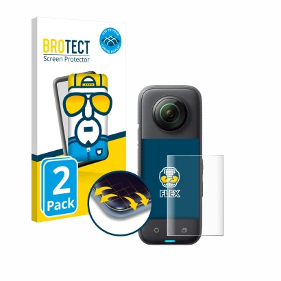 Vorderseite einer Produktverpackung mit dem Markenlogo BROTECT. Daneben ist das Gerät Insta360 X3 mit dem zugehörigen Displays