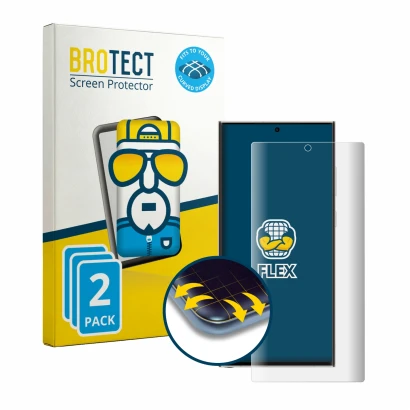 Vorderseite einer Produktverpackung mit dem Markenlogo BROTECT. Daneben ist das Gerät Samsung Galaxy S23 Ultra mit dem zugehör