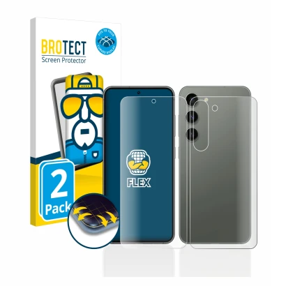 Vorderseite einer Produktverpackung mit dem Markenlogo BROTECT. Daneben ist das Gerät Samsung Galaxy S23 (Display+Rückseite) m
