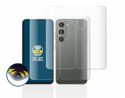 Abbildung des Geräts Samsung Galaxy S23 (Display+Rückseite) mit einer Vielzahl des Displayschutzes.