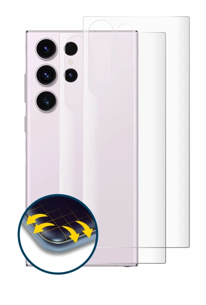 Abbildung des Geräts Samsung Galaxy S23 Ultra (Rückseite) mit einer Vielzahl des Displayschutzes.