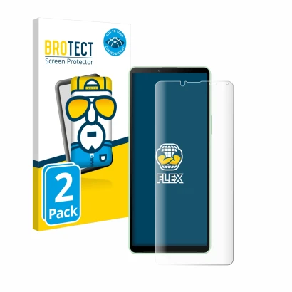 Vorderseite einer Produktverpackung mit dem Markenlogo BROTECT. Daneben ist das Gerät Sony Xperia 10 V mit dem zugehörigen Dis