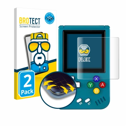 Vorderseite einer Produktverpackung mit dem Markenlogo BROTECT. Daneben ist das Gerät Anbernic RG Nano mit dem zugehörigen Dis