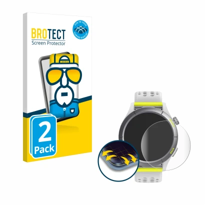 Vorderseite einer Produktverpackung mit dem Markenlogo BROTECT. Daneben ist das Gerät Huami Amazfit Cheetah mit dem zugehörige