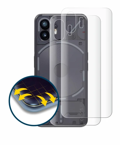Abbildung des Geräts Nothing Phone (2) (Rückseite) mit einer Vielzahl des Displayschutzes.