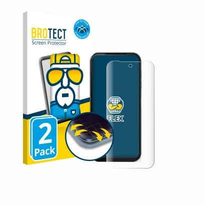 Vorderseite einer Produktverpackung mit dem Markenlogo BROTECT. Daneben ist das Gerät Fairphone 5 mit dem zugehörigen Displays
