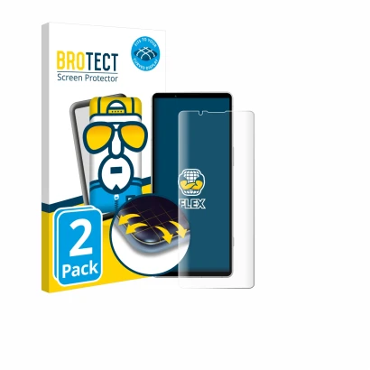 Vorderseite einer Produktverpackung mit dem Markenlogo BROTECT. Daneben ist das Gerät Sony Xperia 5 V mit dem zugehörigen Disp