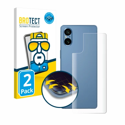 Vorderseite einer Produktverpackung mit dem Markenlogo BROTECT. Daneben ist das Gerät Sony Xperia 5 V (Rückseite) mit dem zuge