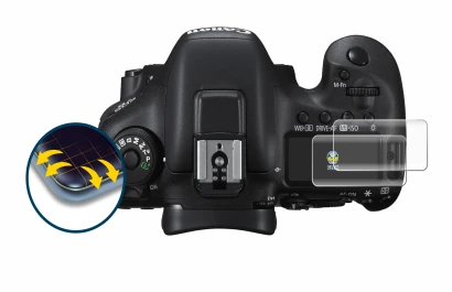 Abbildung des Geräts Canon EOS 7D Mark II (Schulterdisplay) mit einer Vielzahl des Displayschutzes.