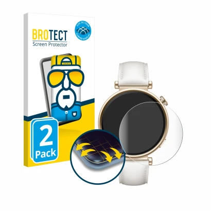 Vorderseite einer Produktverpackung mit dem Markenlogo BROTECT. Daneben ist das Gerät Huawei Watch GT 4 (41mm) mit dem zugehör