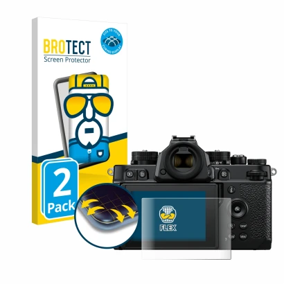 Vorderseite einer Produktverpackung mit dem Markenlogo BROTECT. Daneben ist das Gerät Nikon Z F mit dem zugehörigen Displaysch