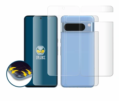 Abbildung des Geräts Google Pixel 8 Pro (Display+Rückseite) mit einer Vielzahl des Displayschutzes.