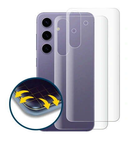Abbildung des Geräts Samsung Galaxy S24 (Rückseite) mit einer Vielzahl des Displayschutzes.