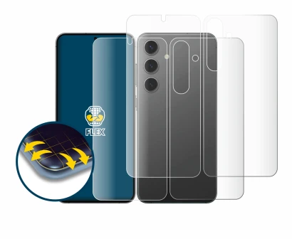 Abbildung des Geräts Samsung Galaxy S24 Plus (Display+Rückseite) mit einer Vielzahl des Displayschutzes.