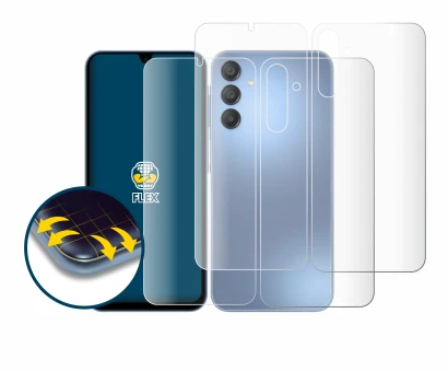 Abbildung des Geräts Samsung Galaxy A15 (Display+Rückseite) mit einer Vielzahl des Displayschutzes.