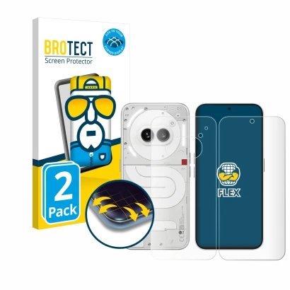 Vorderseite einer Produktverpackung mit dem Markenlogo BROTECT. Daneben ist das Gerät Nothing Phone (2a) (Display+Rückseite) m