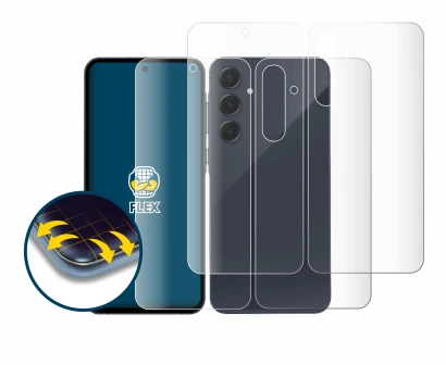 Abbildung des Geräts Samsung Galaxy A35 5G (Display+Rückseite) mit einer Vielzahl des Displayschutzes.