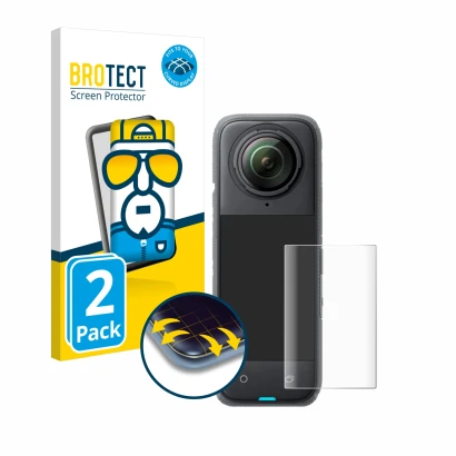 Vorderseite einer Produktverpackung mit dem Markenlogo BROTECT. Daneben ist das Gerät Insta360 X4 mit dem zugehörigen Displays